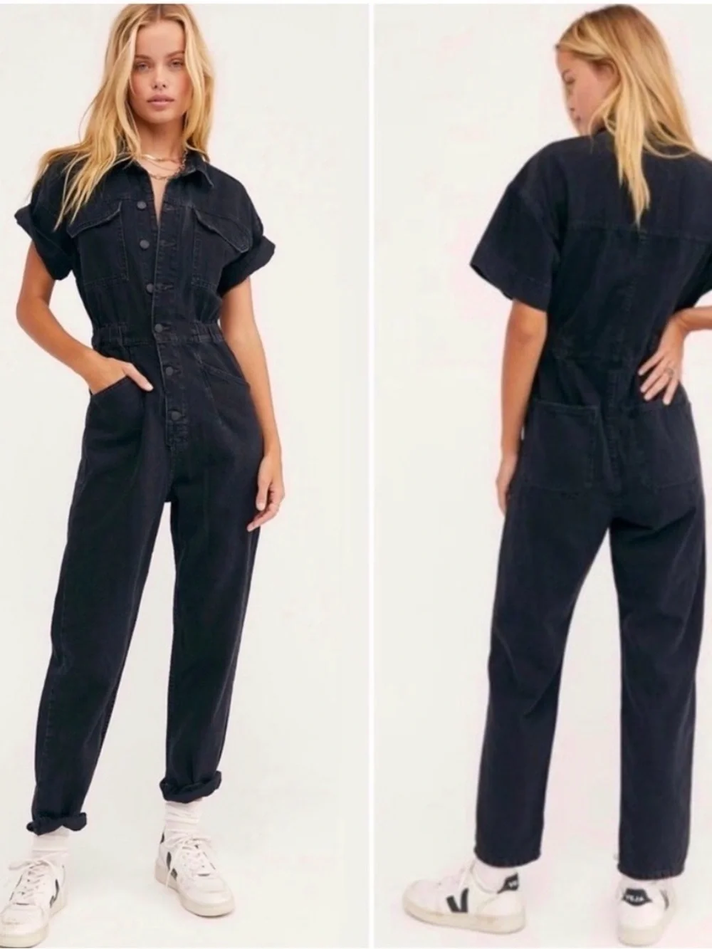 Free People We The Free Marci Jumpsuit Black Wash Denim Size XS